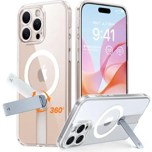TORRAS 360 Stand & Magnetic Shockproof iPhone 16 Pro uchun g'ilofi, to'liq kamera himoyasi bilan, MagSafe uchun mos, 16FT harbiy darajadagi zarbga chidamli ingichka telefon g'ilofi iPhone 16 Pro 6.3