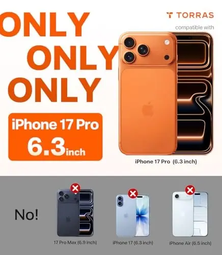 TORRAS чехол для iPhone 17 Pro кристально чистый, ультратонкий, 2025 улучшенный не желтеющий, защита военного класса, прозрачный тонкий чехол для iPhone 17 Pro, мягкий, устойчивый к царапинам, прозрачный - TORRAS (1)