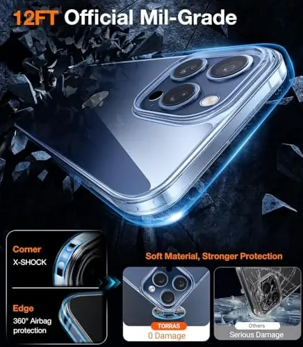 TORRAS Crystal Clear for iPhone 15 Pro Max Case, [Anti-Yellowing][Military-Grade Protection], Slim Transparent Anti-Scratch Back, Soft Bumper, Non-Slip Protective Phone Cover, Clear - 4