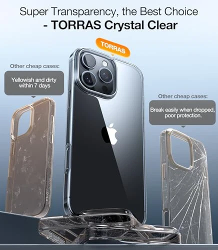 TORRAS Crystal Clear iPhone 16 Pro uchun himoya korpusi, Ultra-yupqa [Sariylashmaydigan] [Harbiy himoya] yupqa silikon TPU qoplami, iPhone 16 Pro uchun, yumshoq, shaffof, 6,3 dyuym - 2