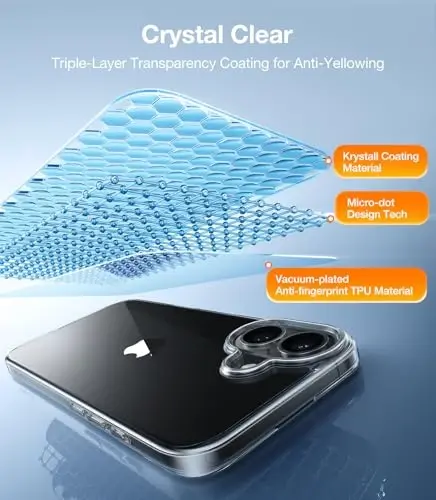 TORRAS Crystal Clear uchun iPhone 16 G‘ilofi, [Sarg‘ayishga qarshi][Harbiy darajadagi himoya], Yupqa shaffof tirnalishga qarshi orqa qism, Yumshoq bamper, Sirpanmaydigan himoya telefon g‘ilofi, Shaffof 6.1