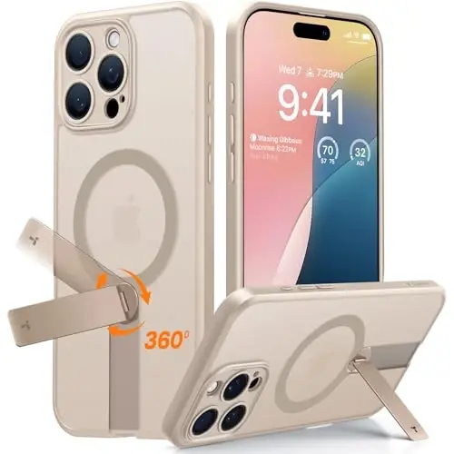 TORRAS Desert Titanium 360 Spin Stand Magnetic Case for iPhone 16 Pro Case with Full Camera Protection, Fit for MagSafe, 16FT Mil-Grade Shockproof Slim Phone Case for iPhone 16 Pro 6.3