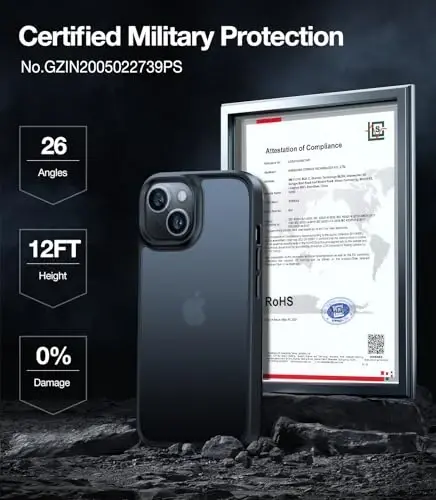 TORRAS Designed for iPhone 15 Case [12FT Military Grade Drop Protection] Protective Shockproof Hard Matte Slim Phone Case for iPhone 15 Phone Case with Translucent Back Silicone Edge, Black - 3