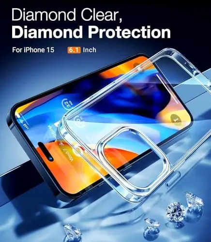 TORRAS Diamond Clear iPhone 15 учун мо‘лжалланган қутӣ [ҳеч қачон сариқмайдиган] [ҳарбий даражада қулашига чидамли] Қаттиқ ПК орқа Эгилувчан зарба уришига чидамли Ҳимояловчи Ингичка Нозик телефон қутиси iPhone 15 учун қутӣ 6,1 дюйм, Шаффоф - 3
