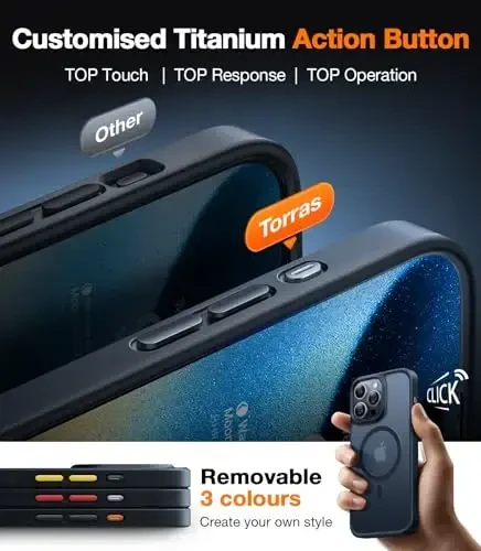 TORRAS for iPhone 15 Pro Case Magnetic Shockproof, [Military-Grade Drop Tested] [Compatible with MagSafe] Translucent Slim Protective Anti-Scratch Anti-Fingerprint Guardian Mag 2023, Black Titanium - 3