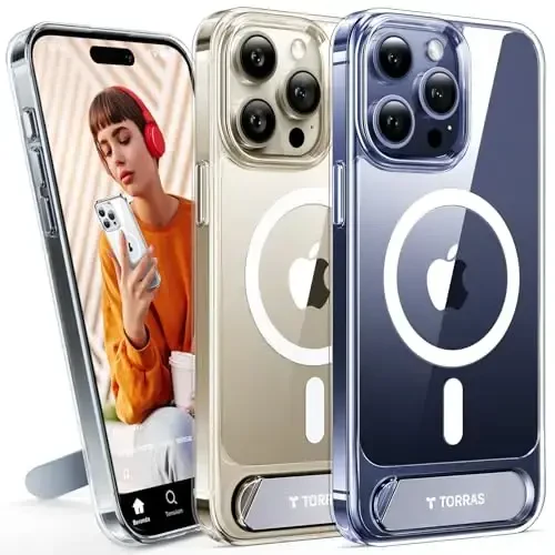 TORRAS for iPhone 15 Pro Max Case Diamond Clear | Strong Magnetic & Seamless Stand, Fit for MagSafe, Military-Grade Drop Protection, Sturdy Adjustable Built-in Kickstand, Slim Anti-Yellowing 