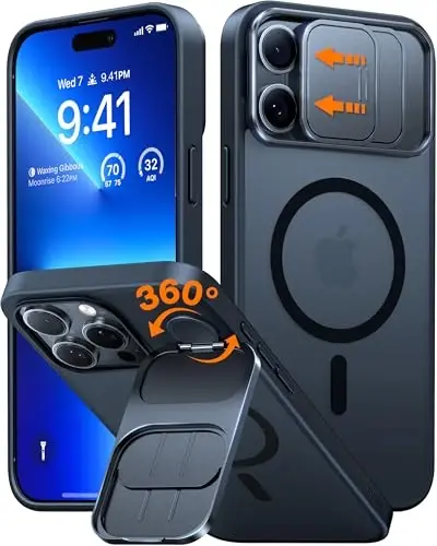 TORRAS for iPhone 15 Pro Max Case with Slide Camera Cover & Rotatable Kickstand, Magnetic Shockproof, Military Grade Drop Protection, Fit for MagSafe, Anti-Scratch Anti-Fingerprint, Translucent Black - 1