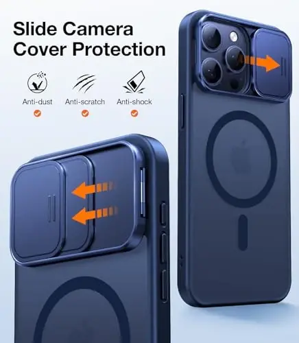 TORRAS for iPhone 15 Pro Max Case with Slide Camera Cover & Rotatable Kickstand, Magnetic Shockproof, Military Grade Drop Protection, Fit for MagSafe, Anti-Scratch Anti-Fingerprint, Translucent Blue - 2