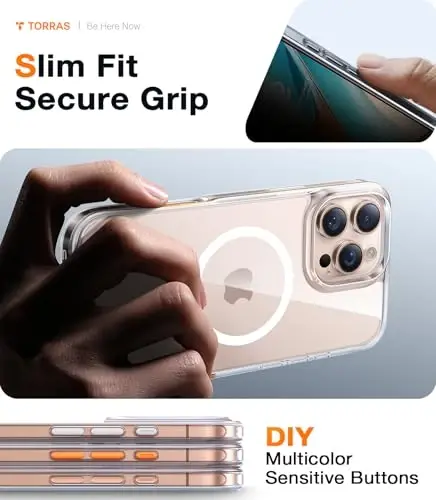 TORRAS for iPhone 16 Pro Case Diamond Clear | Compatible with MagSafe, Military Grade Drop Protection, Stronger Magnetic, Shockproof Airbag, Color Button, Slim Anti-Yellowing Anti-Scratch Transparent - 6
