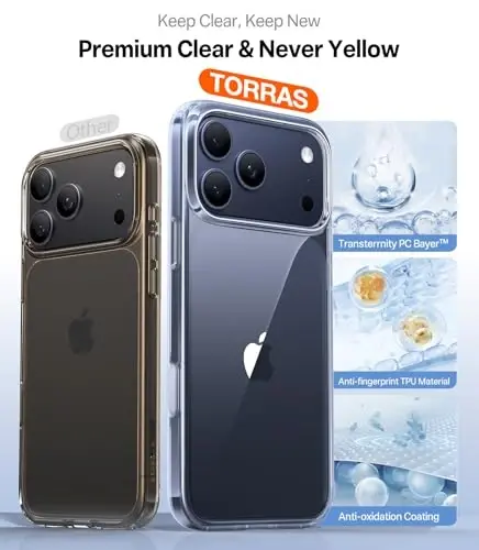 TORRAS for iPhone 17 Pro Case, Beyond Military-Grade Protection, Camera Control Button, DIY Buttons, Slim Thin Shockproof Hard Back Anti-Yellowing Anti-Scratch Phone case for iPhone 17 Pro, Clear - 4