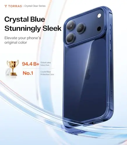 TORRAS for iPhone 17 Pro Case Crystal Blue, Ultra-Thin, 2025 Upgraded Non-Yellowing, Military-Grade Protection, Slim Case for iPhone 17 Pro Phone Case, Soft, Anti-Scratch, Blue - 2