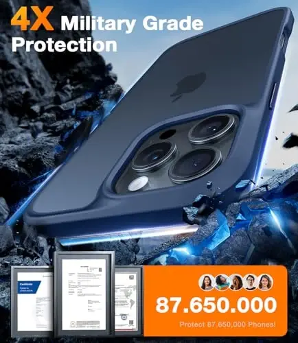 TORRAS Guardian Shockproof for iPhone 16 Pro Case, [4X Military-Grade Test Protection] Anti-Scratch DIY-Buttons Slim Thin Translucent Matte Hard Back Case for iPhone 16 Pro, Navy Blue - 3