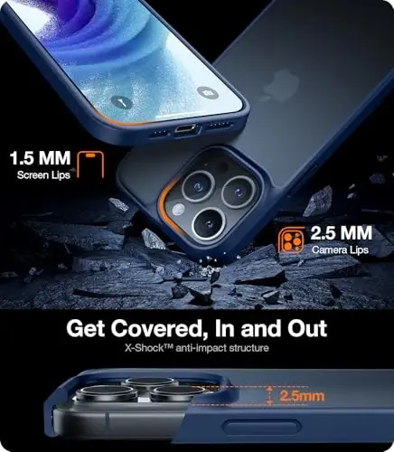 TORRAS Guardian Shockproof for iPhone 16 Pro Case, [4X Military-Grade Test Protection] Anti-Scratch DIY-Buttons Slim Thin Translucent Matte Hard Back Case for iPhone 16 Pro, Navy Blue - 5