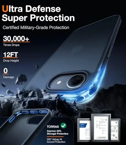 TORRAS Guardian Shockproof for iPhone 16e Case 2025, Military Grade Test Protection 16e Phone Case Slim Thin Durable DIY Buttons Anti Scratch Translucent Matte Hard Back Case for 16e Case 6.1