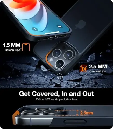 TORRAS Guardian Shockproof для iPhone 16 Pro, [4-кратная защита по военному стандарту], противоударный, с кнопками DIY, тонкий, полупрозрачный матовый твердый чехол для iPhone 16 Pro, черный - 4