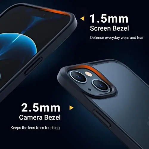 TORRAS Guardian Shockproof iPhone 13/14 uchun g‘ilof, [Harbiy darajadagi tushish sinovidan o‘tgan] Bardoshli himoya Mat qattiq PC orqa Slim Yupqa DIY-tugmalar iPhone 13/14 g‘ilofi uchun, Yarim shaffof qora - 3
