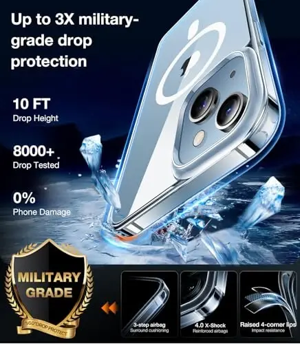 TORRAS iPhone 13 Case/iPhone 14 Case uchun, [MagSafe bilan mos][Harbiy darajadagi himoya va chidamli] Magnit zarbga chidamli tirnalishga qarshi gibrid ingichka telefon qutisi iPhone 13/14, shaffof - 4