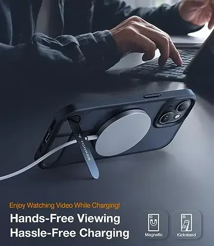 TORRAS iPhone 13 Case/iPhone 14 Case uchun yarim shaffof qora | Kuchli magnit va uzluksiz stend, MagSafe uchun mos, harbiy darajadagi tushishdan himoya, mustahkam sozlanishi tayanch, ingichka mat qoplama - TORRAS (1)