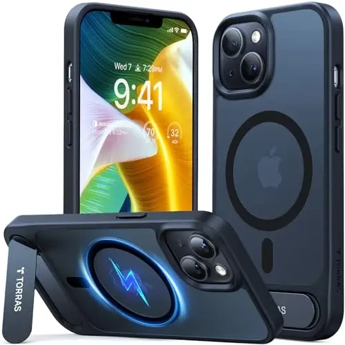 TORRAS iPhone 13 Case/iPhone 14 Case uchun yarim shaffof qora | Kuchli magnit va uzluksiz stend, MagSafe uchun mos, harbiy darajadagi tushishdan himoya, mustahkam sozlanishi tayanch, ingichka mat qoplama 