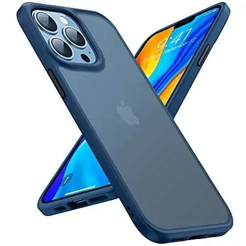 TORRAS Shockproof Compatible for iPhone 13 Pro Case, [Military-Grade Drop Tested] Translucent Matte Hard PC Back with Soft Silicone Edge Slim Protective Phone Guardian, Blue 