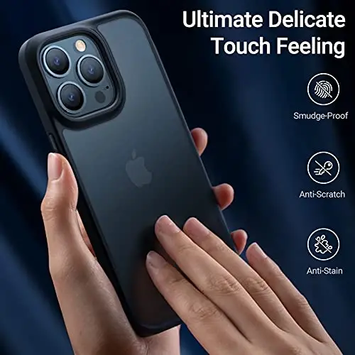 TORRAS Shockproof Compatible for iPhone 13 Pro Case, [Military-Grade Drop Tested] Translucent Matte Hard PC Back with Soft Silicone Edge Slim Protective Phone Guardian, Blue - 4