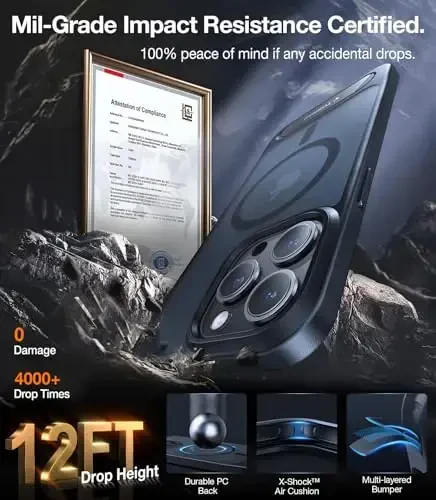 TORRAS iPhone 13 Pro Max uchun g'ilof yarim shaffof qora | Kuchli magnit va uzluksiz stend, MagSafe uchun mos, harbiy darajadagi zarbadan himoya, mustahkam sozlanishi o'rnatilgan tayanch, ingichka mat qoplama - 5