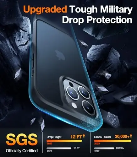 TORRAS iPhone 13 Pro Max uchun zarbga chidamli g‘ilof, [Harbiy darajadagi tushishdan himoya] [Elegent premium teginish] Yarim shaffof matli telefon g‘ilofi iPhone 13 Pro Max uchun, Guardian seriyasi, muzli qora - 2