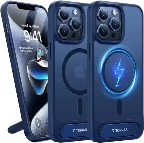 TORRAS iPhone 13 Pro uchun g'ilof Moviy rangda | Kuchli magnit va choksiz stend, MagSafe uchun mos, harbiy darajadagi tushishdan himoya, mustahkam sozlanishi o'rnatilgan tayanch, ingichka mat qoplama 