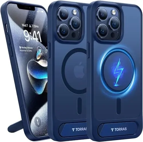 TORRAS iPhone 13 Pro uchun g'ilof Moviy rangda | Kuchli magnit va choksiz stend, MagSafe uchun mos, harbiy darajadagi tushishdan himoya, mustahkam sozlanishi o'rnatilgan tayanch, ingichka mat qoplama - 1