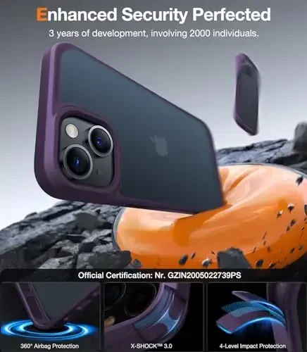 TORRAS iPhone 14 & 13 uchun yangilangan zarbga chidamli g'ilof, harbiy standart bo'yicha sinovdan o'tgan, ingichka, to'q binafsha rang - 3