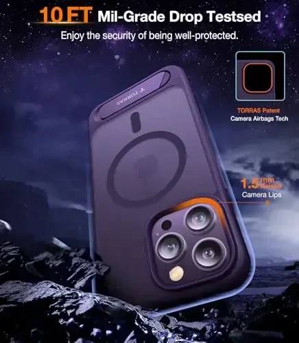 TORRAS iPhone 14 Pro Max uchun g'ilof yarim shaffof binafsha rang | Kuchli magnit va uzluksiz stend, MagSafe uchun mos, harbiy darajadagi tushishdan himoya, mustahkam sozlanishi o'rnatilgan tirgak, yupqa mat qoplama - 4
