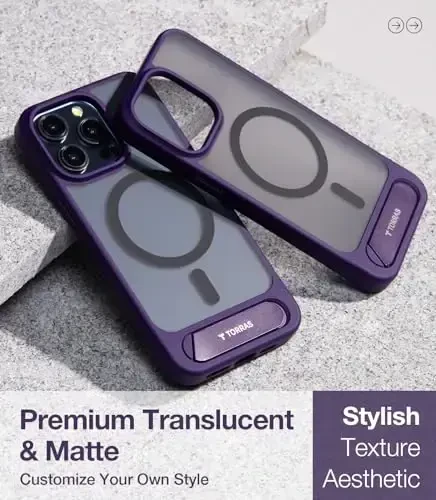 TORRAS iPhone 14 Pro Max uchun g'ilof yarim shaffof binafsha rang | Kuchli magnit va uzluksiz stend, MagSafe uchun mos, harbiy darajadagi tushishdan himoya, mustahkam sozlanishi o'rnatilgan tirgak, yupqa mat qoplama - 6