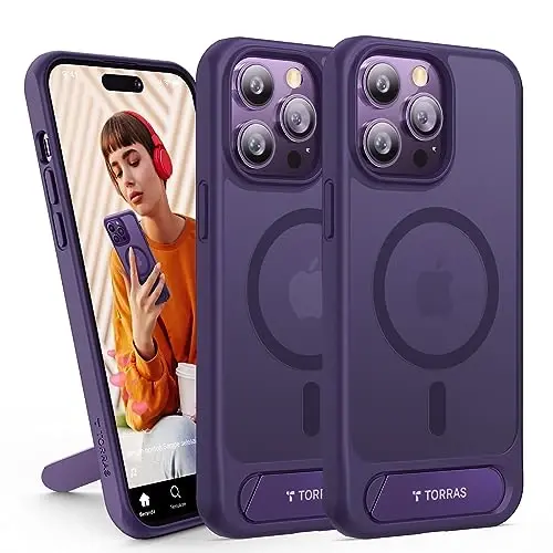 TORRAS iPhone 14 Pro Max uchun g'ilof yarim shaffof binafsha rang | Kuchli magnit va uzluksiz stend, MagSafe uchun mos, harbiy darajadagi tushishdan himoya, mustahkam sozlanishi o'rnatilgan tirgak, yupqa mat qoplama - 1