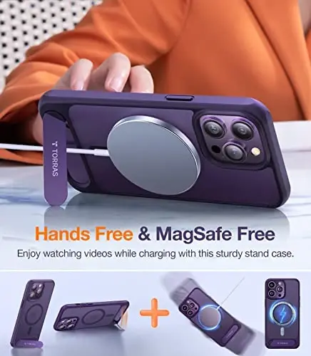 TORRAS iPhone 14 Pro Max uchun g'ilof yarim shaffof binafsha rang | Kuchli magnit va uzluksiz stend, MagSafe uchun mos, harbiy darajadagi tushishdan himoya, mustahkam sozlanishi o'rnatilgan tirgak, yupqa mat qoplama - 2