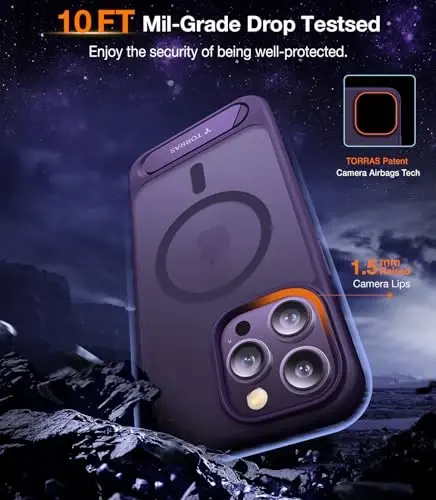 TORRAS iPhone 14 Pro Max uchun g'ilof yarim shaffof binafsha rang | Kuchli magnit va uzluksiz stend, MagSafe uchun mos, harbiy darajadagi tushishdan himoya, mustahkam sozlanishi o'rnatilgan tirgak, yupqa mat qoplama - 4
