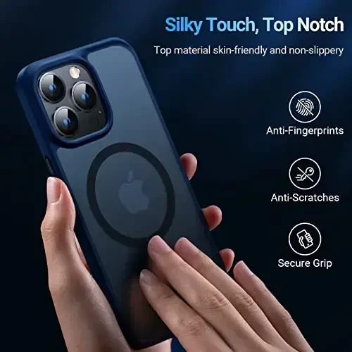 TORRAS iPhone 14 Pro uchun kuchli magnitli g‘ilof, 12 FT harbiy darajadagi sinovdan o‘tgan, MagSafe bilan mos, iPhone 14 Pro telefon g‘ilofi uchun ingichka himoya matli silikon, yarim shaffof to‘q ko‘k - 6