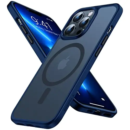 TORRAS iPhone 14 Pro uchun kuchli magnitli g‘ilof, 12 FT harbiy darajadagi sinovdan o‘tgan, MagSafe bilan mos, iPhone 14 Pro telefon g‘ilofi uchun ingichka himoya matli silikon, yarim shaffof to‘q ko‘k 