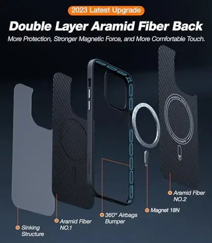 TORRAS iPhone 14 Pro uchun kuchliroq magnitli g'ilofni yangiladi, 12 FT harbiy sinovdan o'tgan, MagSafe bilan mos, iPhone 14 Pro telefon g'ilofi uchun chizishga chidamli, Aramid tolali orqa/qora qirra - 2