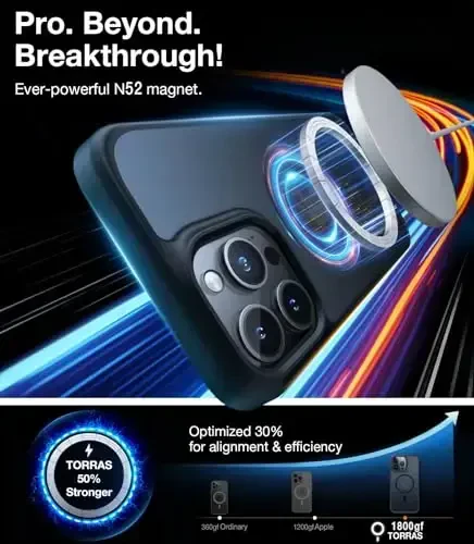 TORRAS Ultra Magnetic for iPhone 15 Pro Case, [3X Military-Grade Drop Tested] [Compatible with MagSafe], Shockproof Translucent Durable Slim Protective Anti-Scratch Anti-Fingerprint, Black - 6
