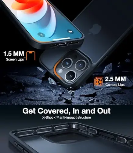 TORRAS Shockproof Designed for iPhone 15 Pro Max Case Black, 12FT Military Grade Drop Tested, Translucent Matte Protective Anti-Scratch 15 ProMax Phone Case, 6.7