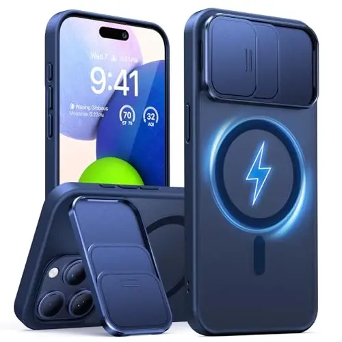 TORRAS iPhone 15 Pro Max uchun g'ilof, siljituvchi kamera qopqog'i va aylanuvchi tayanch, magnit zarbga chidamli, harbiy darajadagi tushishdan himoya, MagSafe uchun mos, tirnalishga va barmoq izlariga qarshi, yarim shaffof ko'k - 1