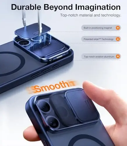 TORRAS iPhone 15 Pro Max uchun g'ilof, siljituvchi kamera qopqog'i va aylanuvchi tayanch, magnit zarbga chidamli, harbiy darajadagi tushishdan himoya, MagSafe uchun mos, tirnalishga va barmoq izlariga qarshi, yarim shaffof ko'k - 3