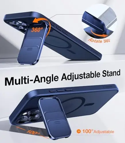 TORRAS iPhone 15 Pro Max uchun g'ilof, siljituvchi kamera qopqog'i va aylanuvchi tayanch, magnit zarbga chidamli, harbiy darajadagi tushishdan himoya, MagSafe uchun mos, tirnalishga va barmoq izlariga qarshi, yarim shaffof ko'k - 4