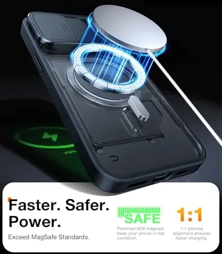 TORRAS iPhone 15 Pro Max uchun g‘ilof, suriladigan kamera qopqog‘i va aylanadigan tirgak, magnit zarbga chidamli, harbiy darajadagi tushishdan himoya, MagSafe uchun mos, tirnalishga va barmoq izlariga qarshi, yarim shaffof qora - 3