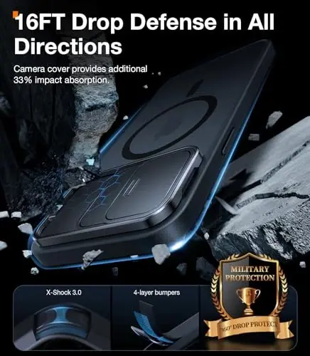 TORRAS iPhone 15 Pro Max uchun g‘ilof, suriladigan kamera qopqog‘i va aylanadigan tirgak, magnit zarbga chidamli, harbiy darajadagi tushishdan himoya, MagSafe uchun mos, tirnalishga va barmoq izlariga qarshi, yarim shaffof qora - 6
