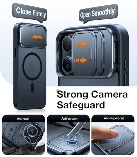 TORRAS iPhone 15 Pro Max uchun g‘ilof, suriladigan kamera qopqog‘i va aylanadigan tirgak, magnit zarbga chidamli, harbiy darajadagi tushishdan himoya, MagSafe uchun mos, tirnalishga va barmoq izlariga qarshi, yarim shaffof qora - TORRAS (1)