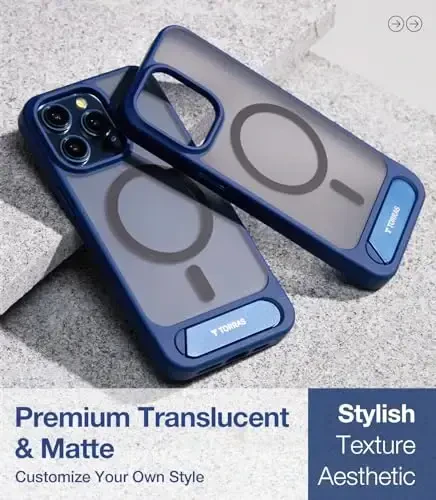 TORRAS iPhone 15 Pro Max uchun g'ilof Yarim shaffof ko'k | Kuchli magnit va uzluksiz stend, MagSafe uchun mos, harbiy darajadagi tushishdan himoya, sozlanishi o'rnatilgan tayanch, ingichka mat qoplama - 6
