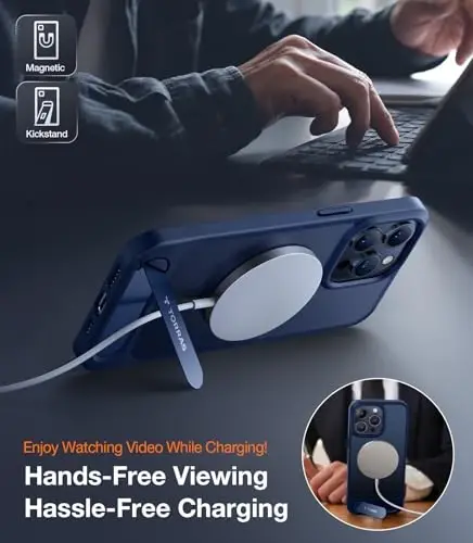 TORRAS iPhone 15 Pro Max uchun g'ilof Yarim shaffof ko'k | Kuchli magnit va uzluksiz stend, MagSafe uchun mos, harbiy darajadagi tushishdan himoya, sozlanishi o'rnatilgan tayanch, ingichka mat qoplama - 2