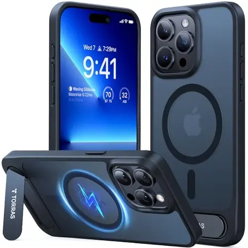TORRAS iPhone 15 Pro Max uchun g'ilof Yarim shaffof qora | Kuchli magnit va uzluksiz stend, MagSafe uchun mos, harbiy darajadagi zarbadan himoya, sozlanishi mustahkam o'rnatilgan tirgak, ingichka mat qoplama 