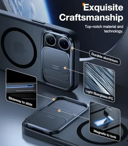 TORRAS iPhone 15 Pro uchun g‘ilof, sirg‘anuvchi kamera qopqog‘i va aylanuvchi tayanch, magnit zarba o‘tkazmaydigan, harbiy darajadagi tushishdan himoya, MagSafe uchun mos, tirnalishga va barmoq izlariga qarshi, yarim shaffof qora - 3